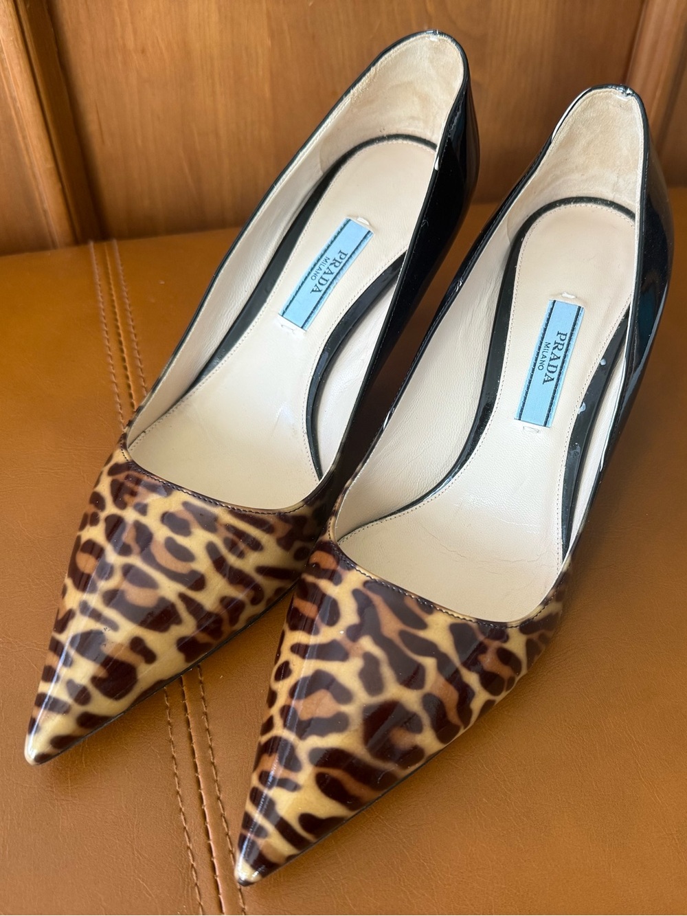 Prada Leopard Patent Pointed-Toe Pumps - Brown and Black - Made in Italy